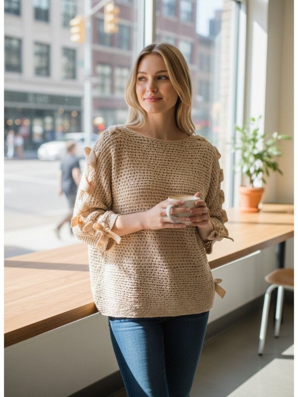 Jolt Womens L Beige Open Knit Sweater Bow Sleeve Pullover Acrylic NWT